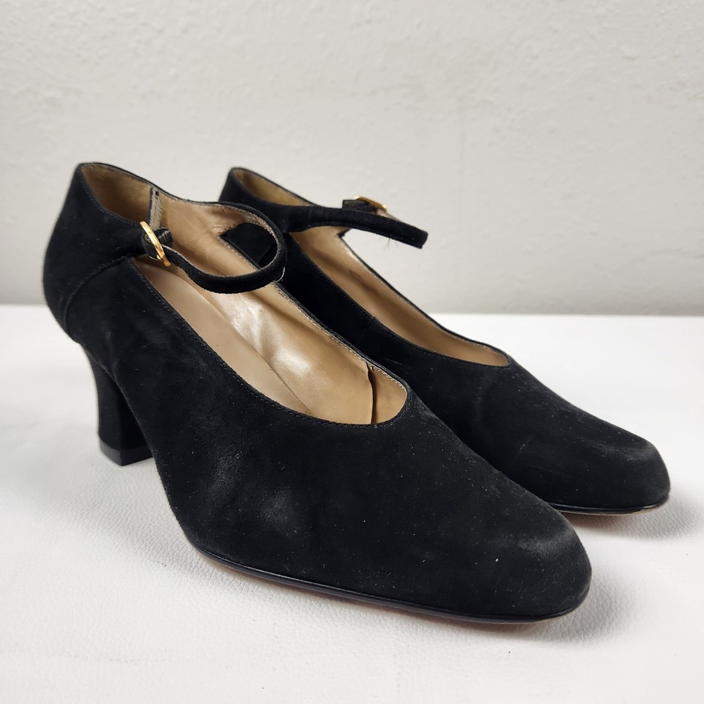 Vintage Calico Mary Jane Heels 7.5 Black Suede Block Heel Square Toe C-BANGLE